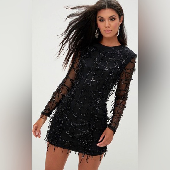 chinese dress ladies Jazmin Black Sequin Long Sleeve Mini Dress - US 6 main image 0